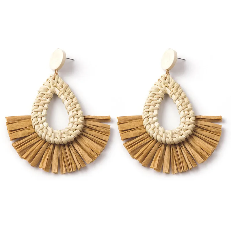 Wholesale Hand-woven Geometric Rattan Raffia Fan Earrings