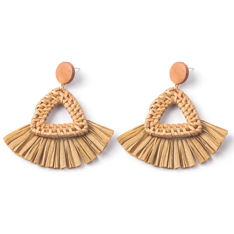 Wholesale Hand-woven Geometric Rattan Raffia Fan Earrings