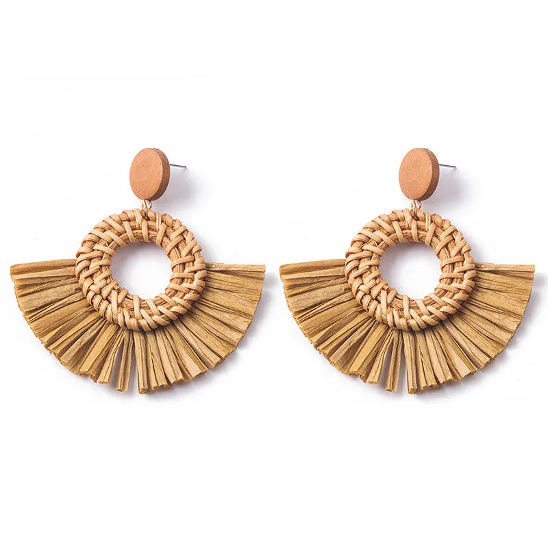 Wholesale Hand-woven Geometric Rattan Raffia Fan Earrings