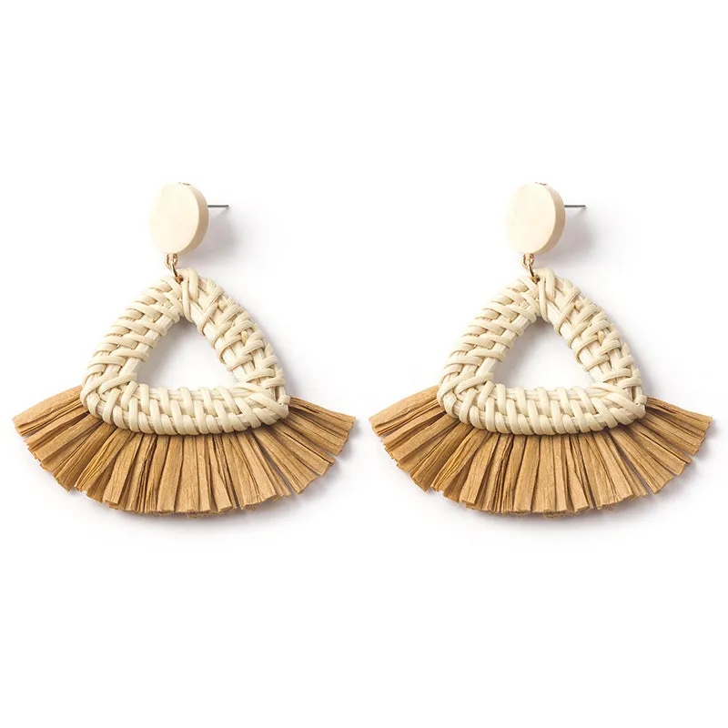 Wholesale Hand-woven Geometric Rattan Raffia Fan Earrings