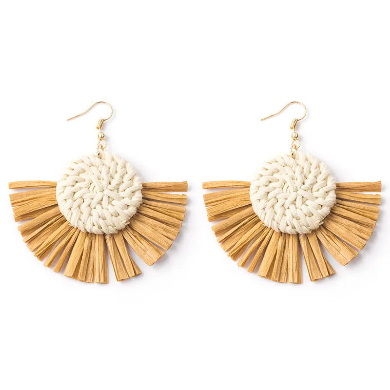 Wholesale Hand-woven Geometric Rattan Raffia Fan Earrings