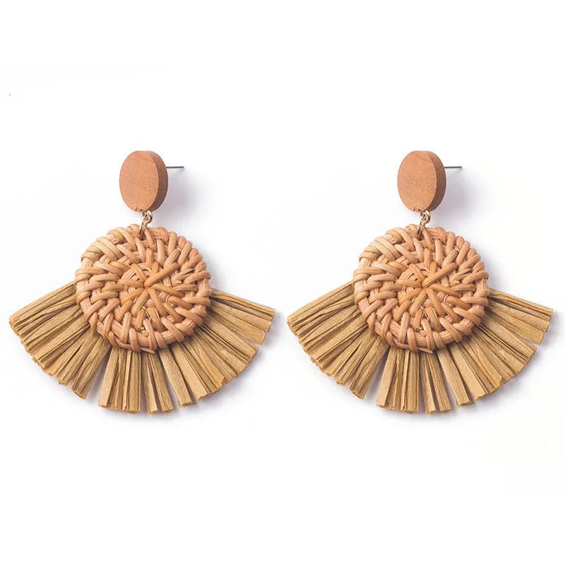 Wholesale Hand-woven Geometric Rattan Raffia Fan Earrings