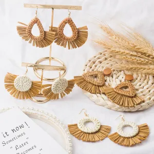 Wholesale Hand-woven Geometric Rattan Raffia Fan Earrings