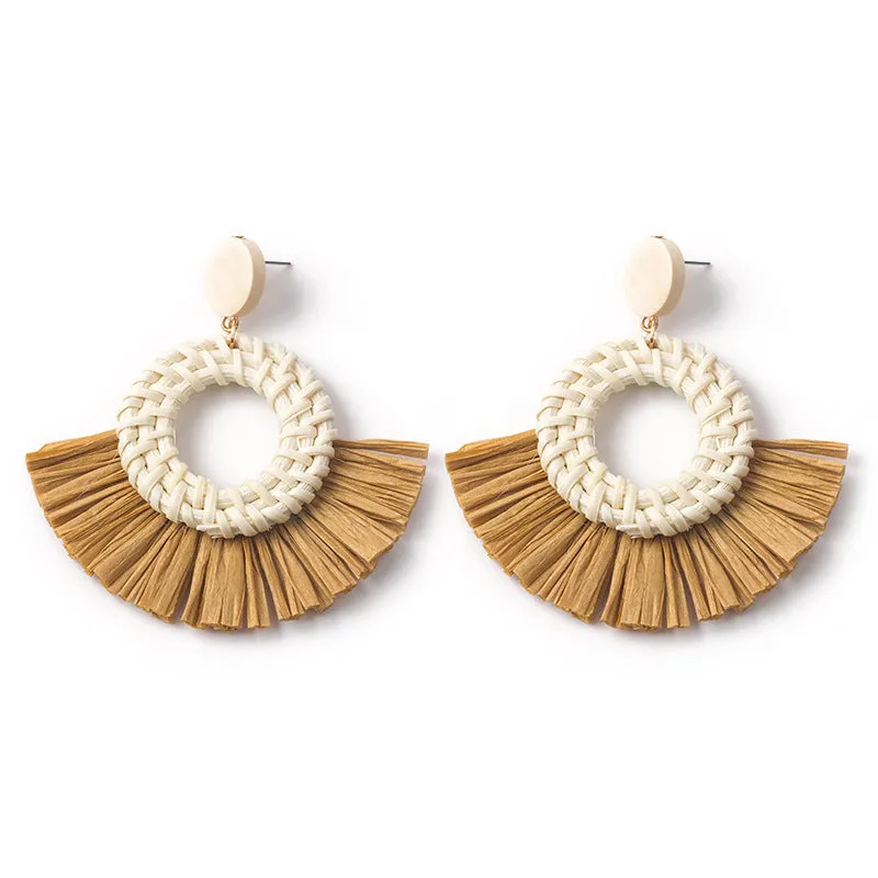 Wholesale Hand-woven Geometric Rattan Raffia Fan Earrings