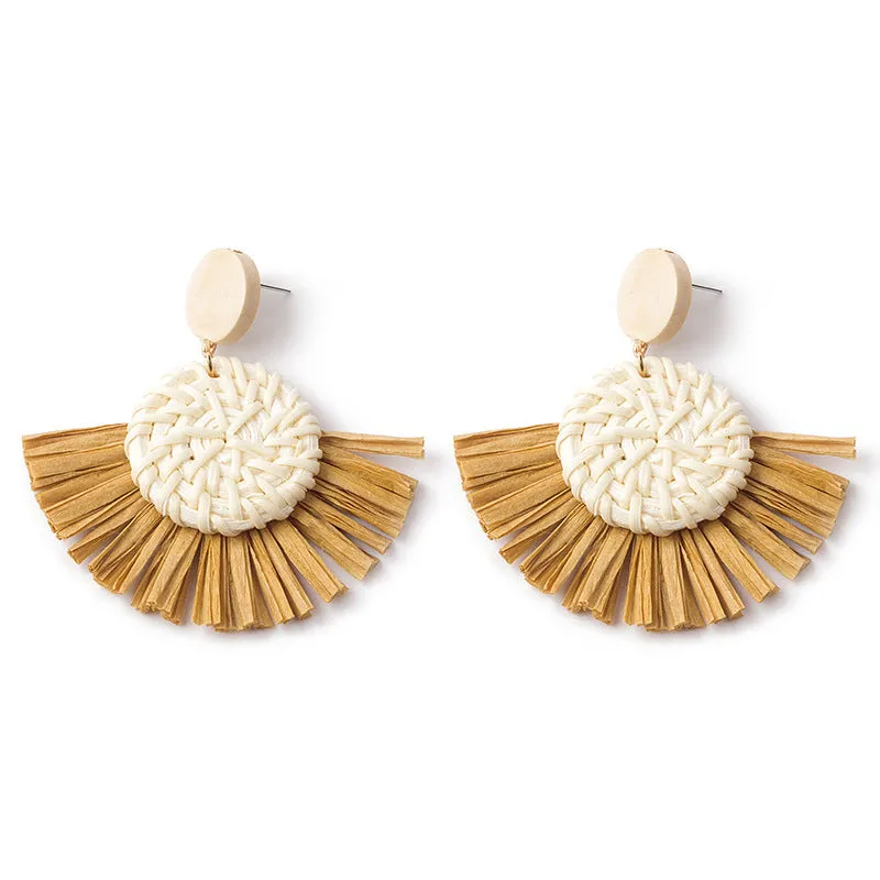 Wholesale Hand-woven Geometric Rattan Raffia Fan Earrings