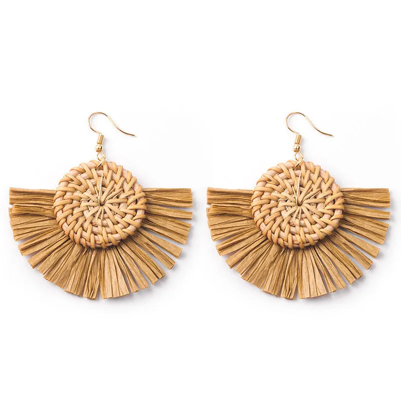Wholesale Hand-woven Geometric Rattan Raffia Fan Earrings