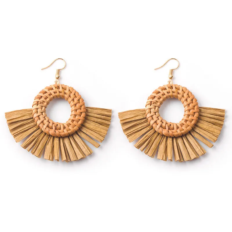 Wholesale Hand-woven Geometric Rattan Raffia Fan Earrings