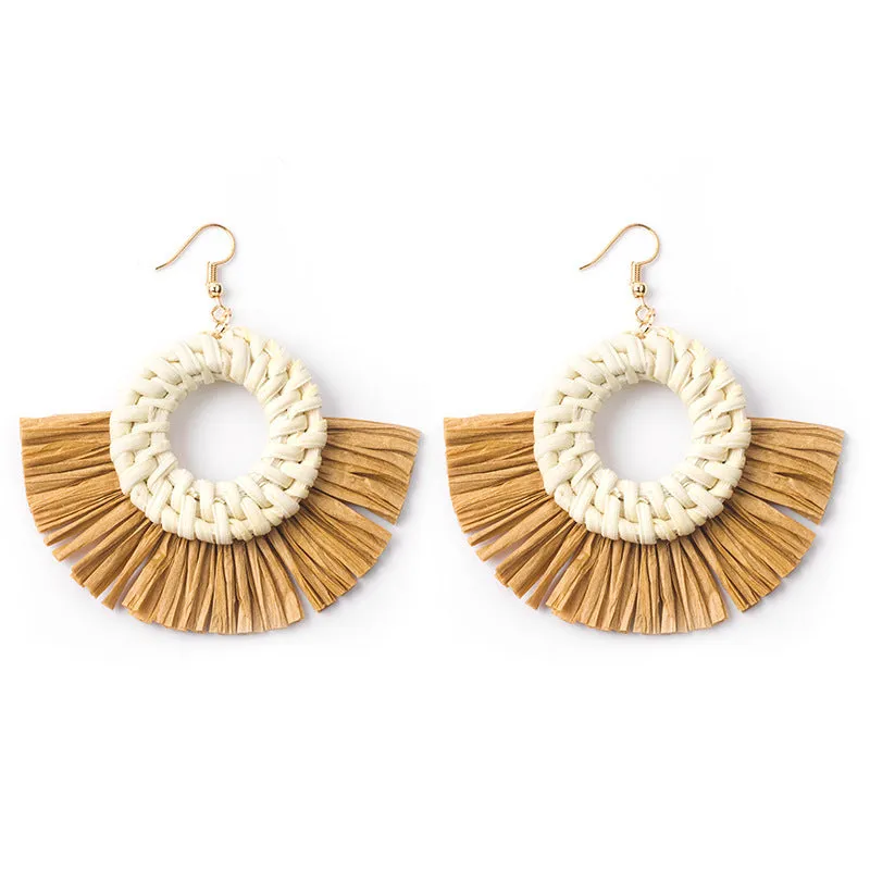 Wholesale Hand-woven Geometric Rattan Raffia Fan Earrings