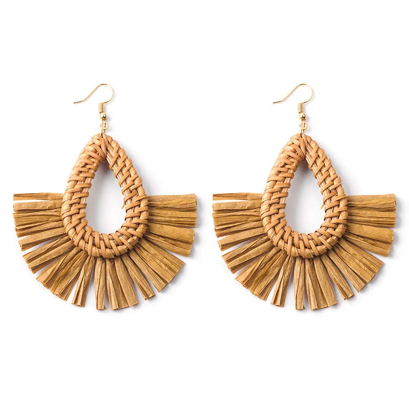 Wholesale Hand-woven Geometric Rattan Raffia Fan Earrings