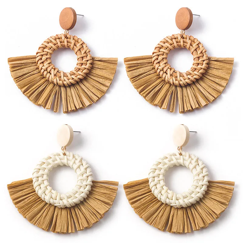 Wholesale Hand-woven Geometric Rattan Raffia Fan Earrings