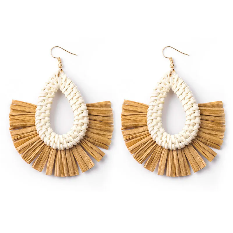 Wholesale Hand-woven Geometric Rattan Raffia Fan Earrings