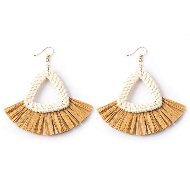 Wholesale Hand-woven Geometric Rattan Raffia Fan Earrings