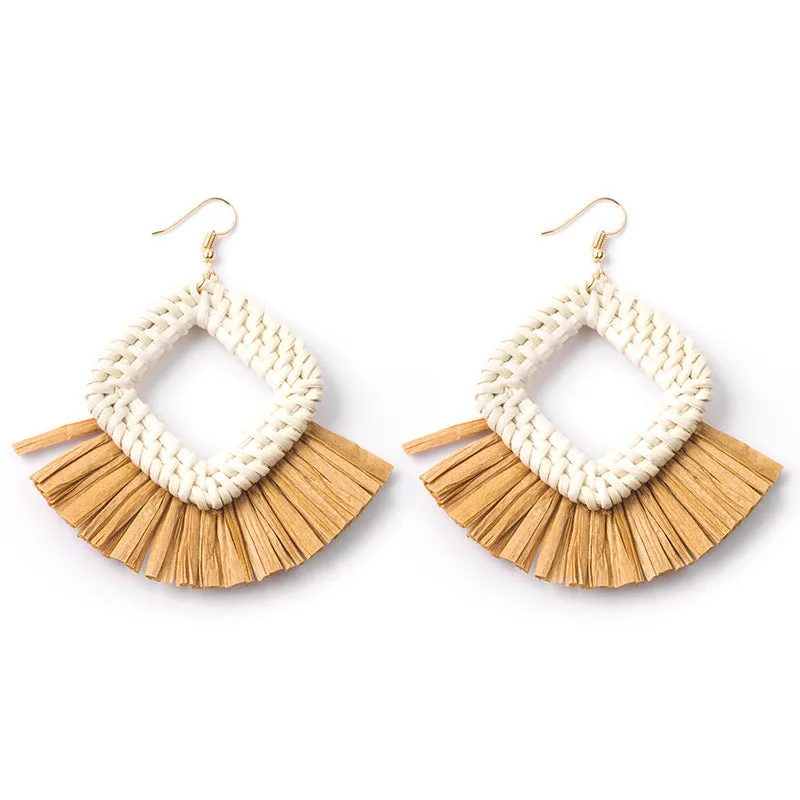 Wholesale Hand-woven Geometric Rattan Raffia Fan Earrings
