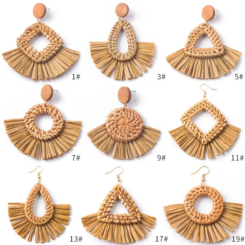 Wholesale Hand-woven Geometric Rattan Raffia Fan Earrings