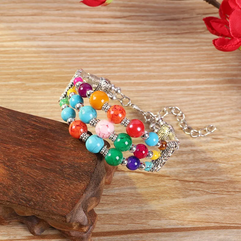 Wholesale handmade ethnic style colorful beads silver  bohemian bracelet