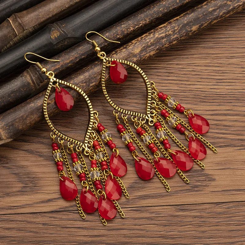 Wholesale Handmade Water Drop Rice Bead Bohemian Long Tassel Earrings