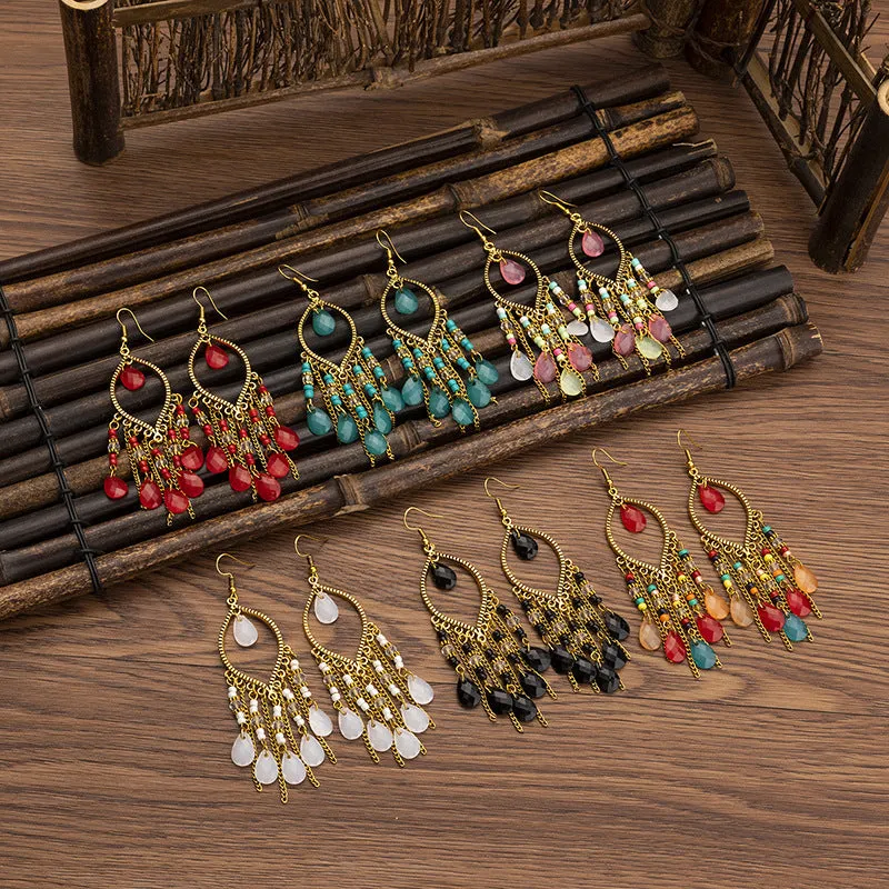 Wholesale Handmade Water Drop Rice Bead Bohemian Long Tassel Earrings