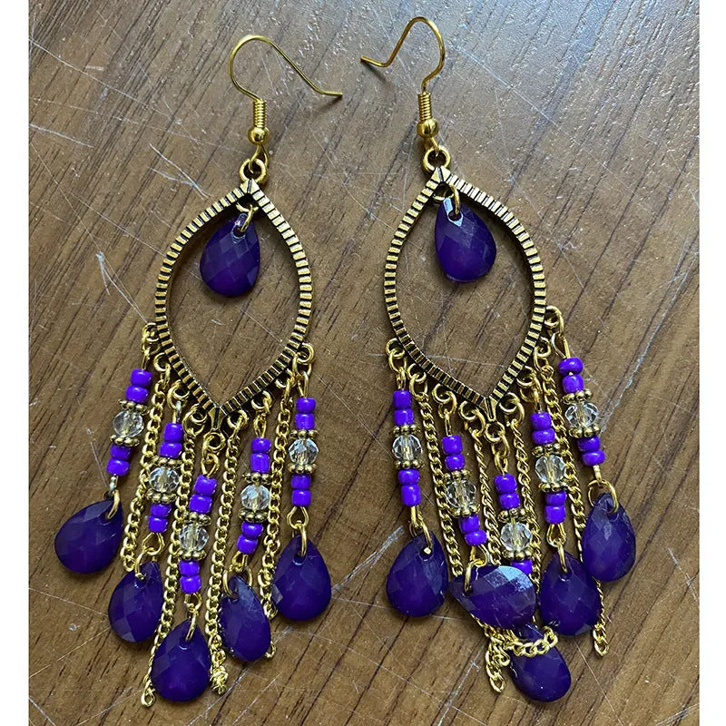 Wholesale Handmade Water Drop Rice Bead Bohemian Long Tassel Earrings