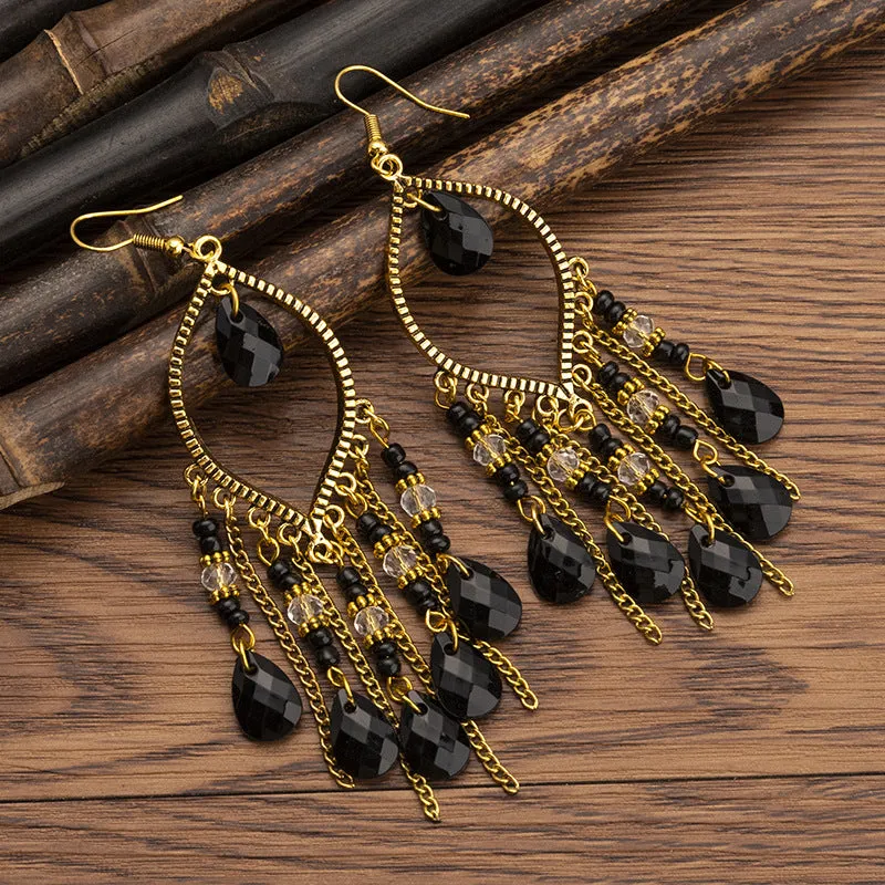 Wholesale Handmade Water Drop Rice Bead Bohemian Long Tassel Earrings