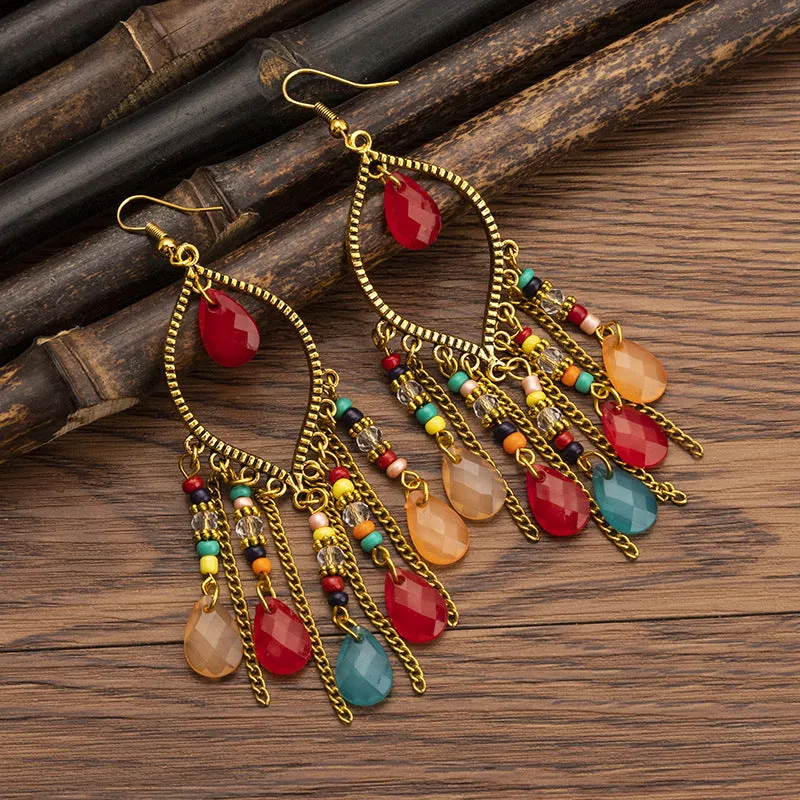 Wholesale Handmade Water Drop Rice Bead Bohemian Long Tassel Earrings