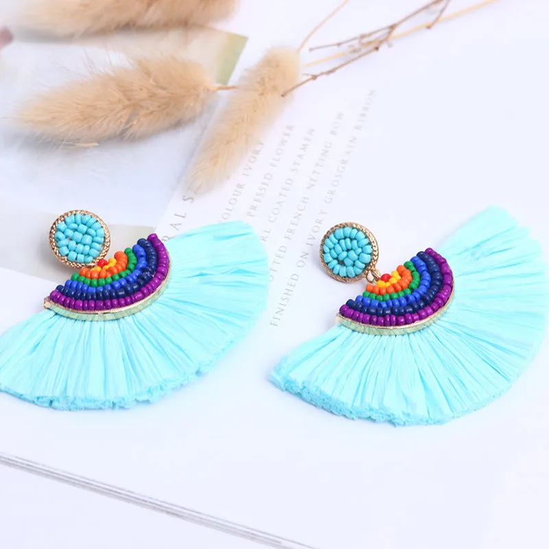 Wholesale Handwoven Color Block Rice Beads Exaggerated Raffia Earrings