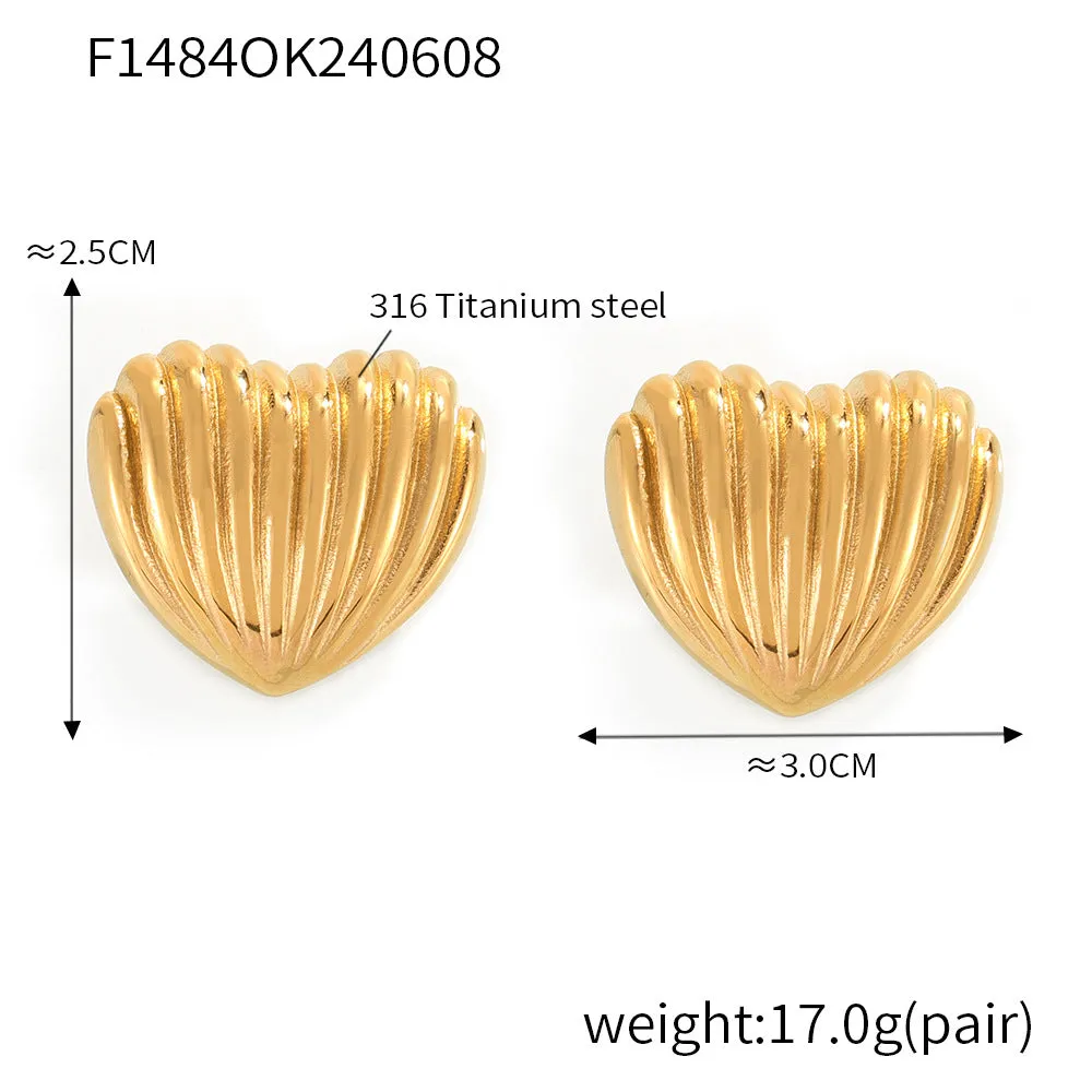 Wholesale Heart earrings vertical stripes titanium steel gold-plated earrings