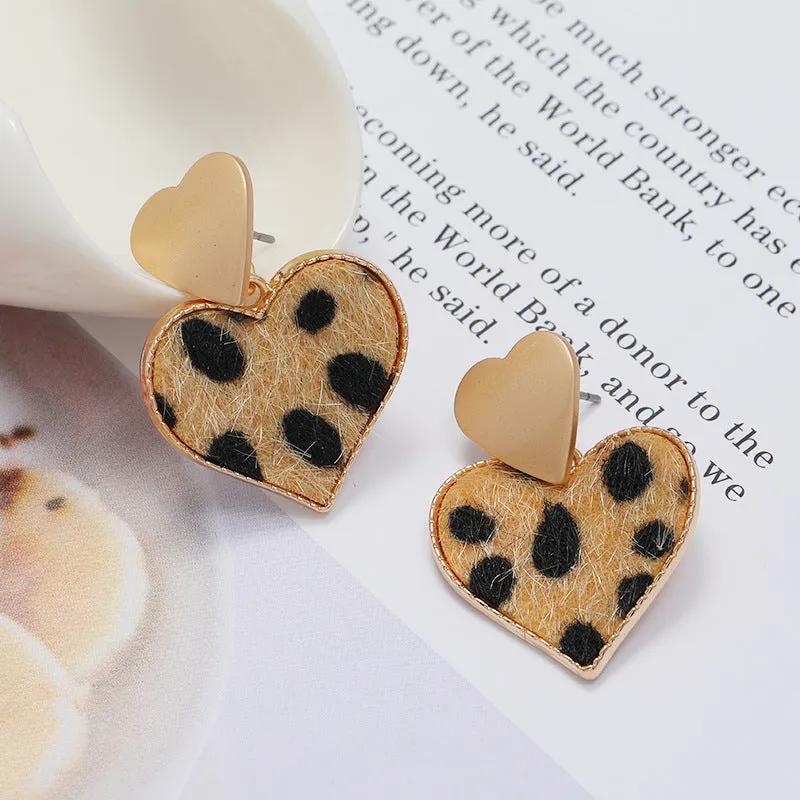 Wholesale Heart Shaped Alloy Flannel Leopard Print Alloy Earrings