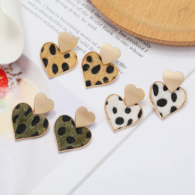 Wholesale Heart Shaped Alloy Flannel Leopard Print Alloy Earrings