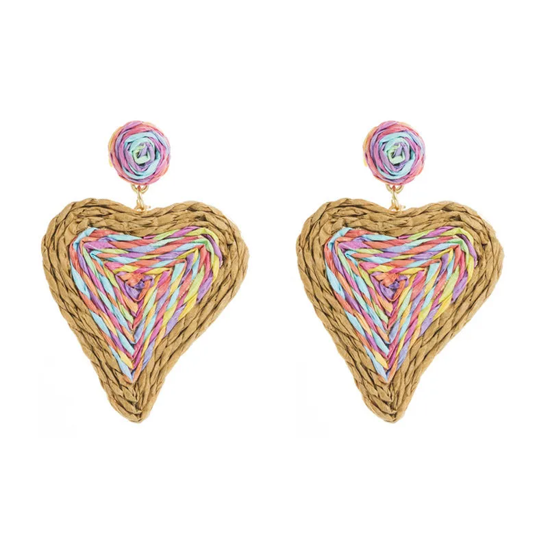 Wholesale Heart-shaped Handcrafted Rattan Woven Creative Geometric Earrings