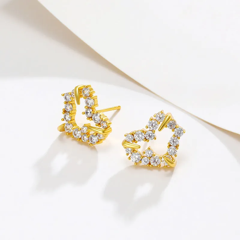 Wholesale Heart Shaped Zircon Copper Plated 24k Gold Earrings