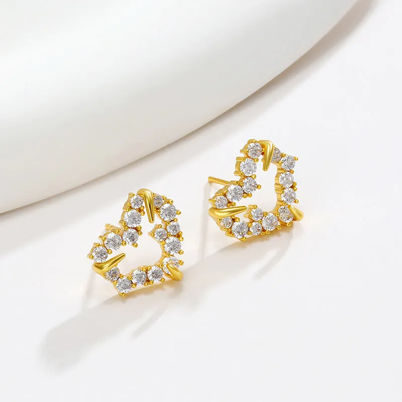 Wholesale Heart Shaped Zircon Copper Plated 24k Gold Earrings