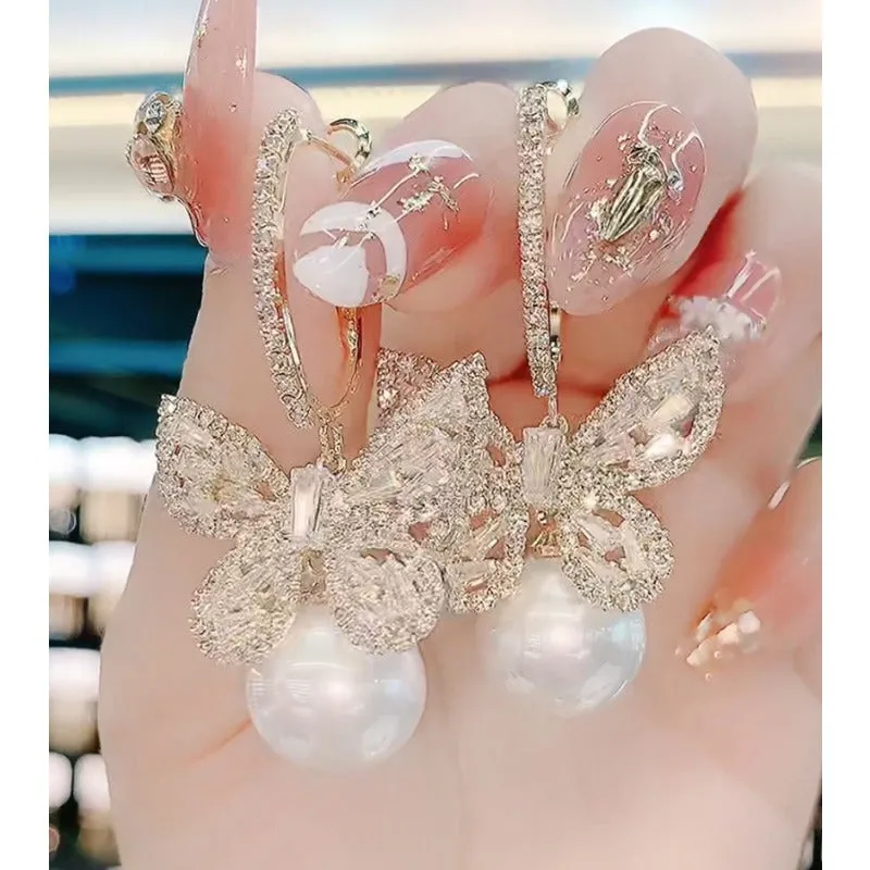 Wholesale Heavy Zircon Bow Pearl Earrings