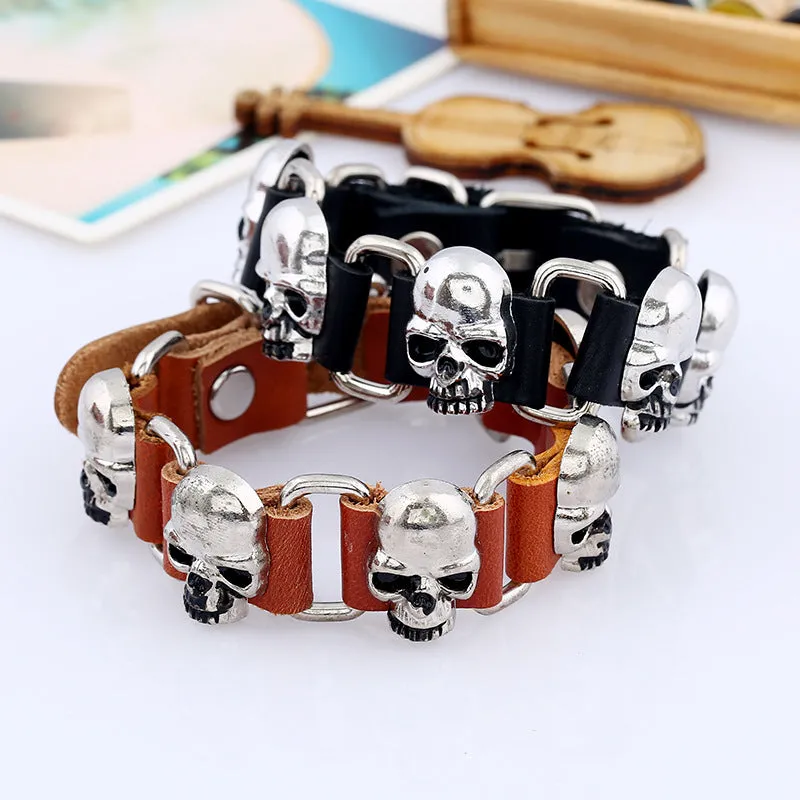 Wholesale Hip Hop Skull Leather Bracelet
