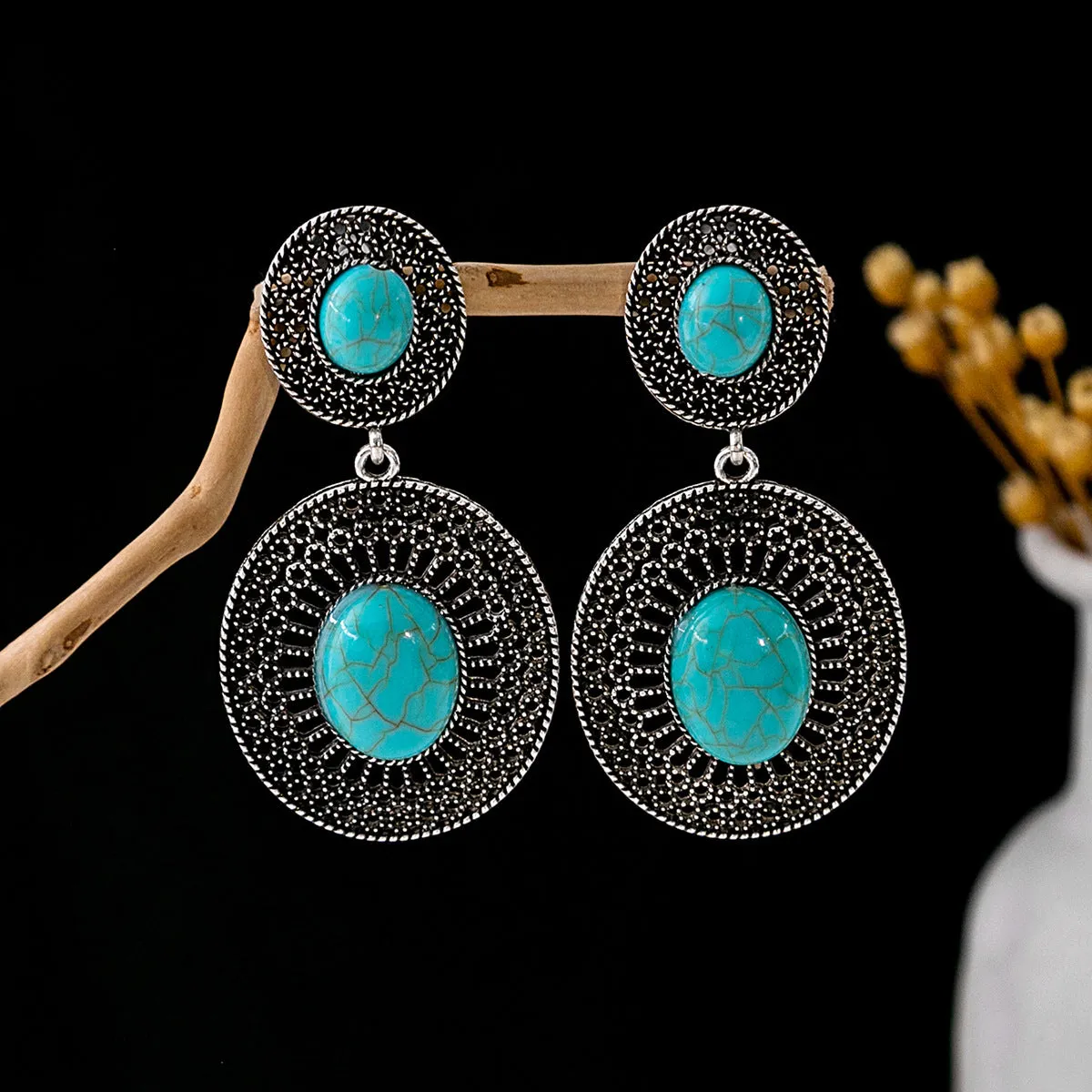 Wholesale Hollow Circular Flower Tassel Alloy Earrings