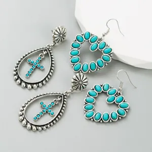 Wholesale Hollow Heart Cross Exaggerated Turquoise Earrings