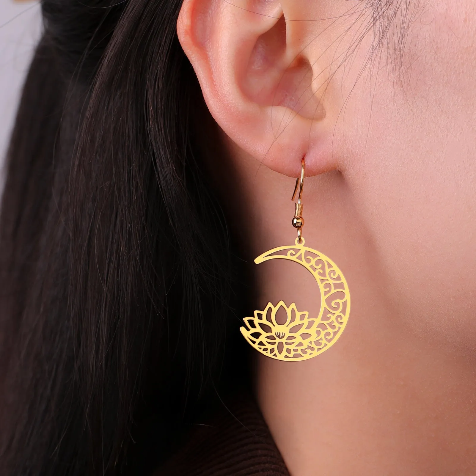 Wholesale Hollow Moon Lotus Stainless Steel Earrings