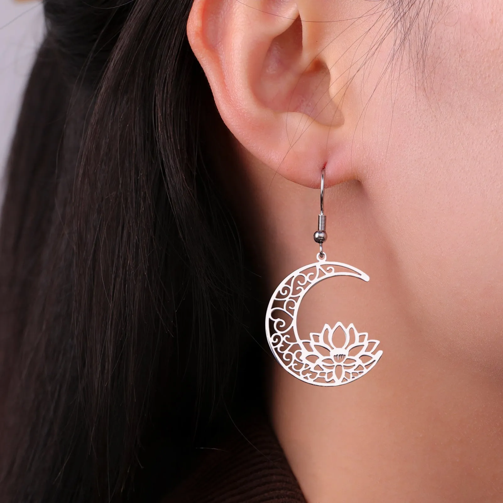 Wholesale Hollow Moon Lotus Stainless Steel Earrings