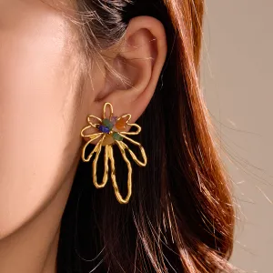 Wholesale Hollow Petal Colored Natural Stone Vintage Titanium Steel Earrings