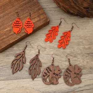 Wholesale Hollow Wooden Squirrel Maple Leaf Personalized Retro Ethnic Style Earrings