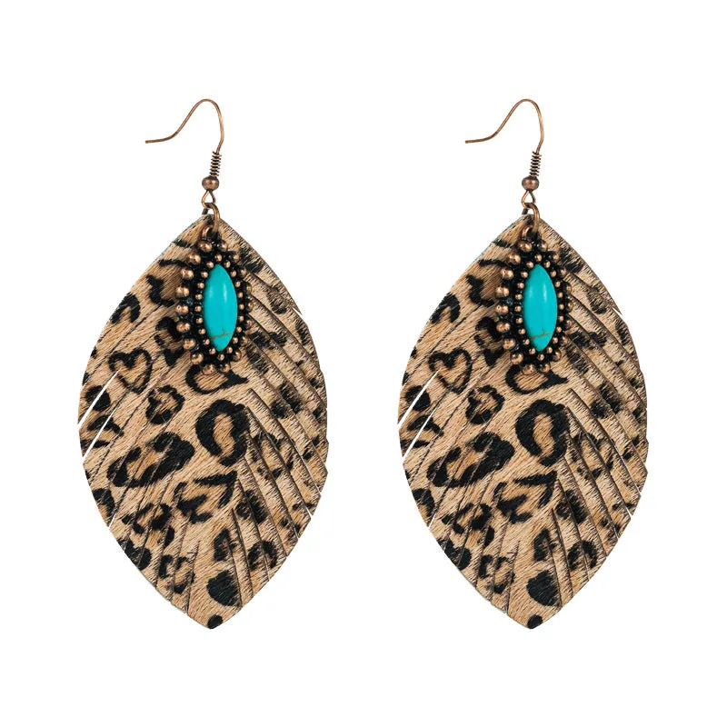 Wholesale Horsehair Genuine Leather Leaf Tassel Vintage Turquoise Leopard Earrings