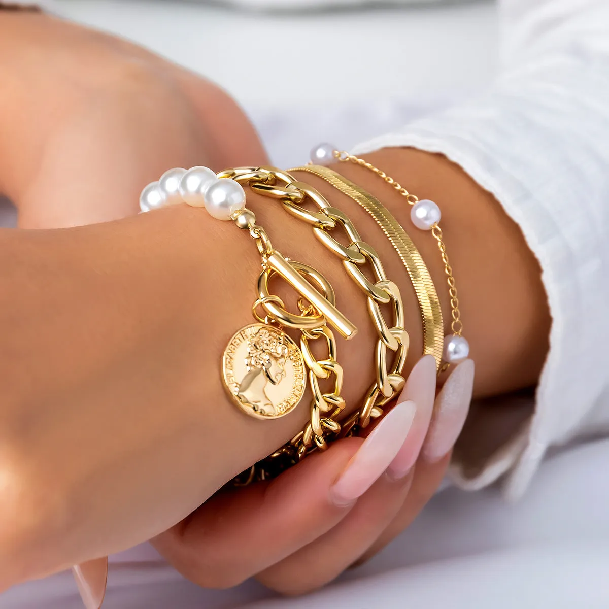 Wholesale Imitation Pearl Cross Chain Bracelet Set