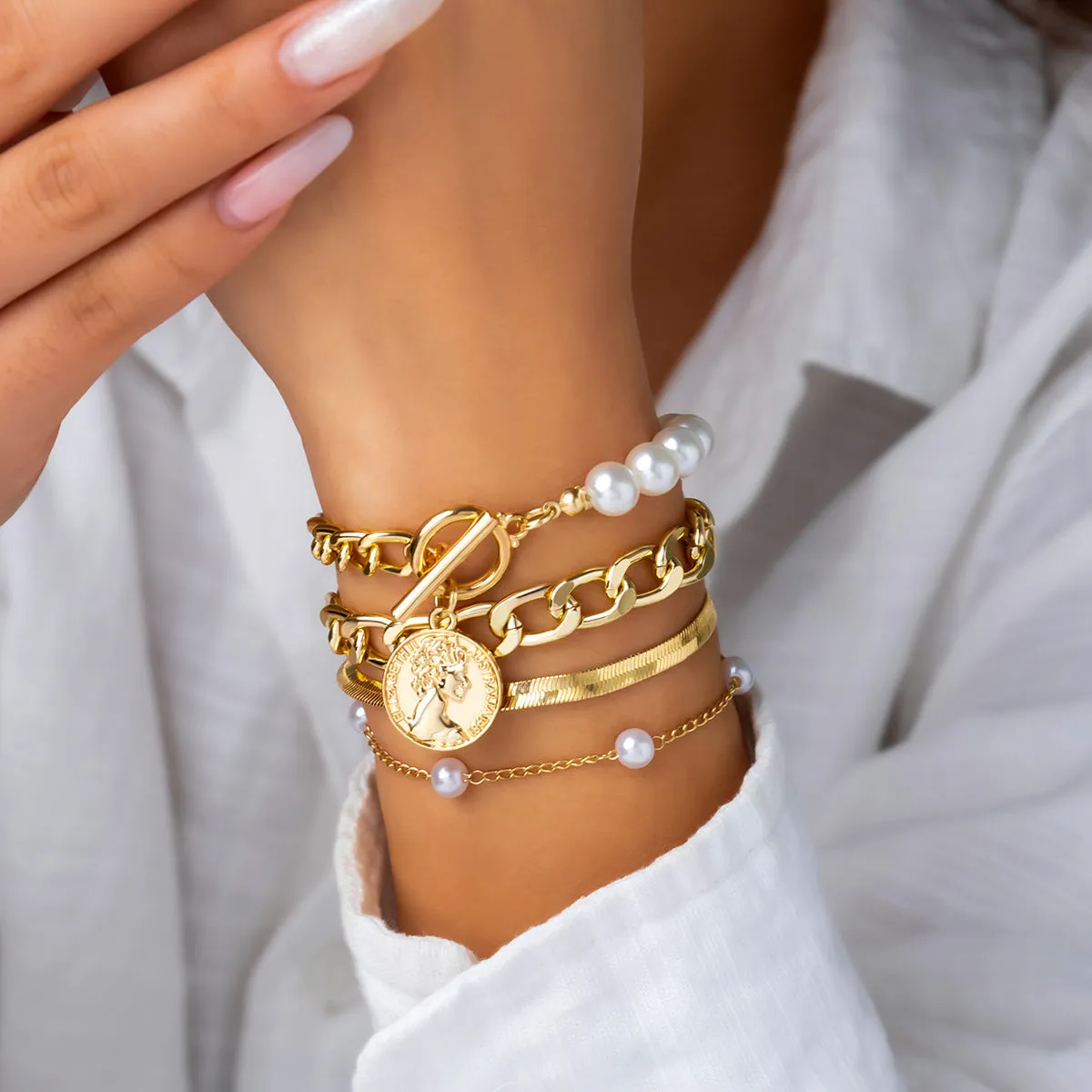 Wholesale Imitation Pearl Cross Chain Bracelet Set