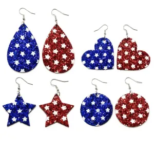 Wholesale Independence Day Five-pointed Star Glitter Asymmetric Leather Earrings