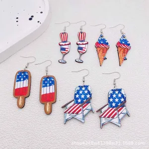 Wholesale Independence Day Five-pointed Star Ice Cream Print Wooden Earrings
