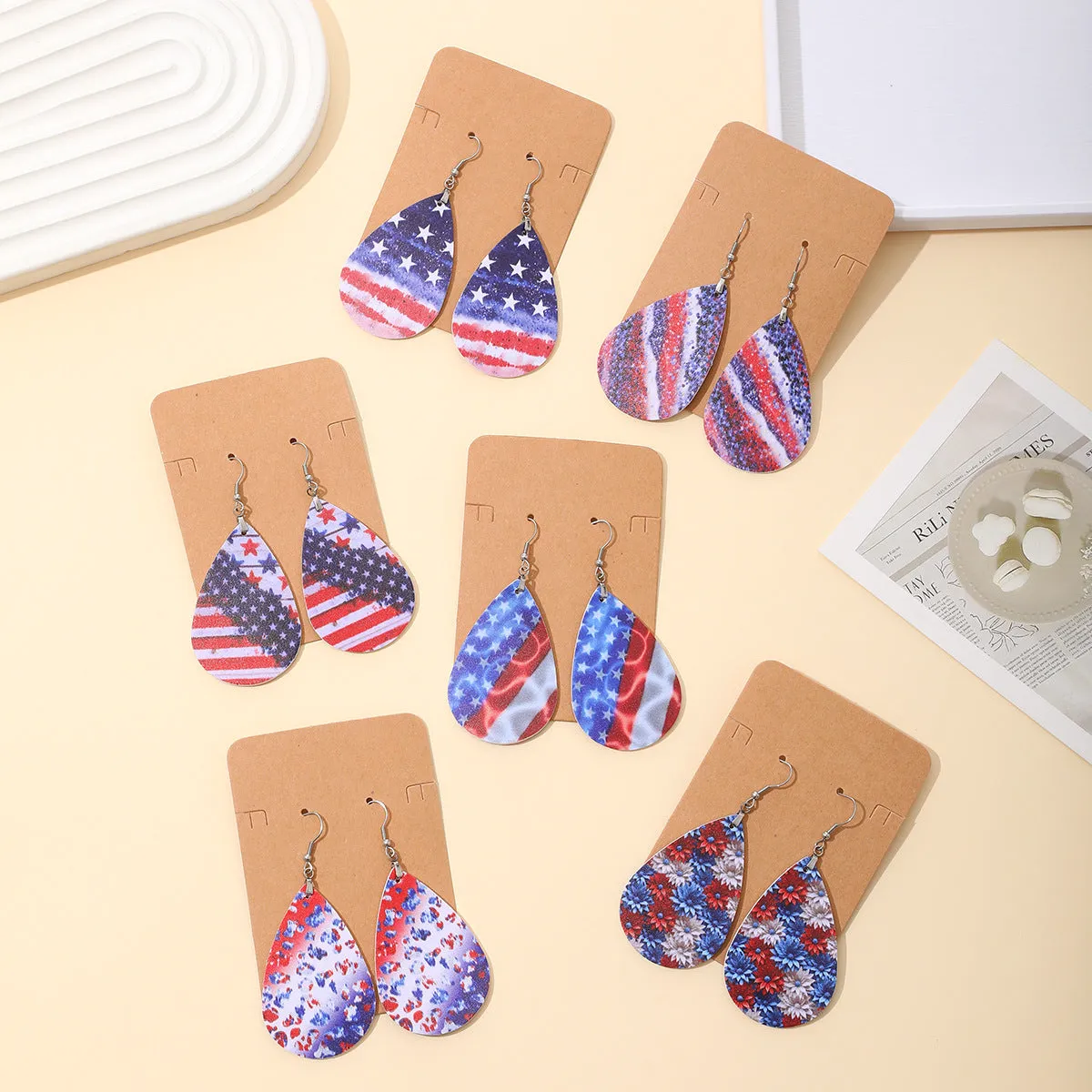 Wholesale Independent Day Stripe Star Water Drops American PU Leather Ear Ring