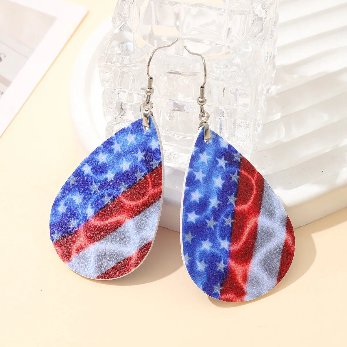 Wholesale Independent Day Stripe Star Water Drops American PU Leather Ear Ring