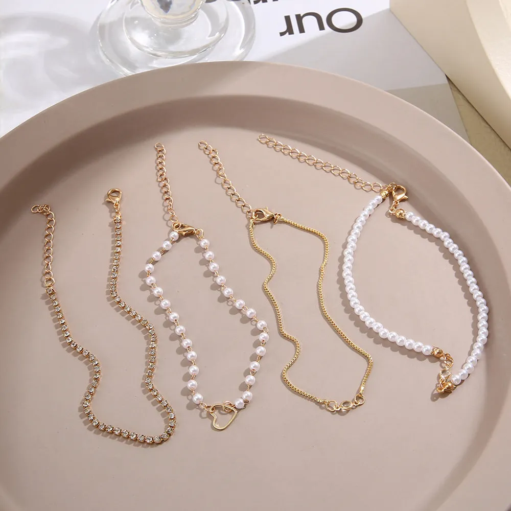 Wholesale Inlaid Diamond Hollow Peach Heart Pearl Alloy Bracelet Set