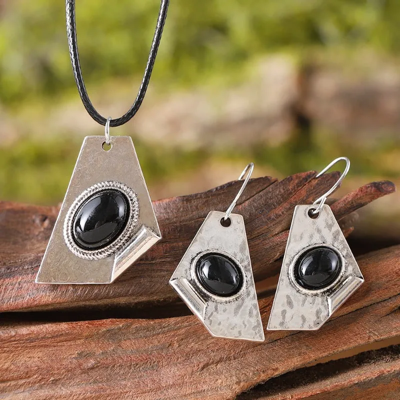 Wholesale Irregular Inlaid Black Gem Pendant Earrings Necklace Geometric Niche Simple Versatile Set