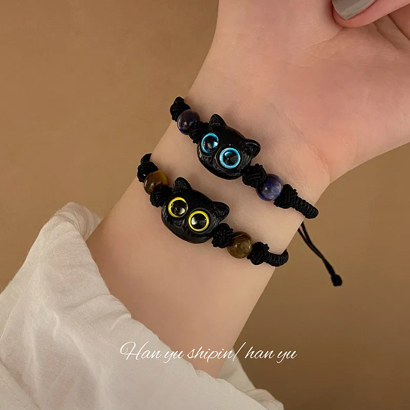 Wholesale Kitten Black Cat Head Hand Woven Draw Pull Bracelet