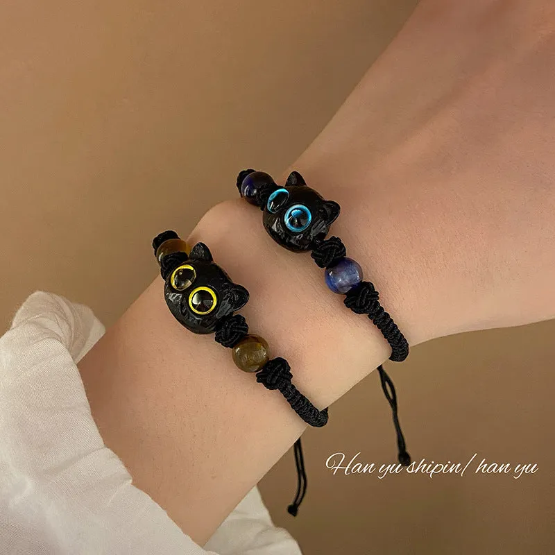 Wholesale Kitten Black Cat Head Hand Woven Draw Pull Bracelet